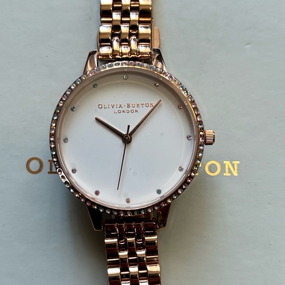 Olivia Burton Watch With 34mm White Face With MultiColored Crystals On Bezel - Picture 6 of 7